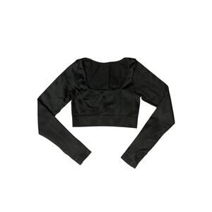 Women’s Cropped Long Sleeve Workout Top QQQ Size M Black Square Neck Thumb Holes